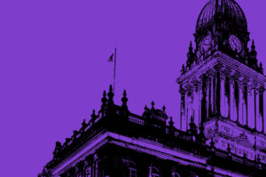 Leeds Town Hall with purple background