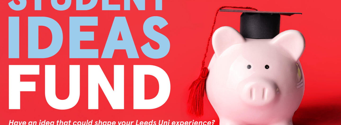 red background, blue and white text reads 'student ideas fund', pink piggy bank with graduate hat on