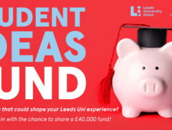 red background, blue and white text reads 'student ideas fund', pink piggy bank with graduate hat on