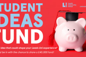 red background, blue and white text reads 'student ideas fund', pink piggy bank with graduate hat on