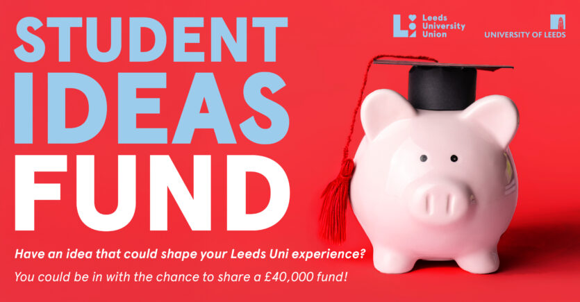 red background, blue and white text reads 'student ideas fund', pink piggy bank with graduate hat on